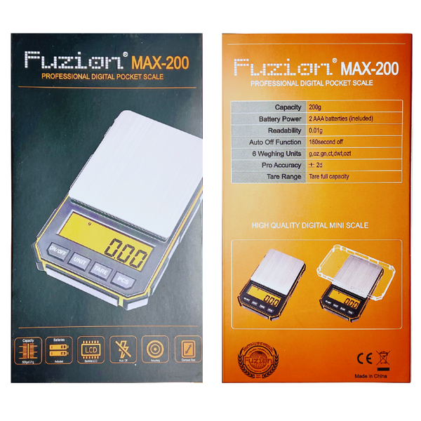 Fuzion MAX-200 Professional Digital Scale orange color box front and back sides image 