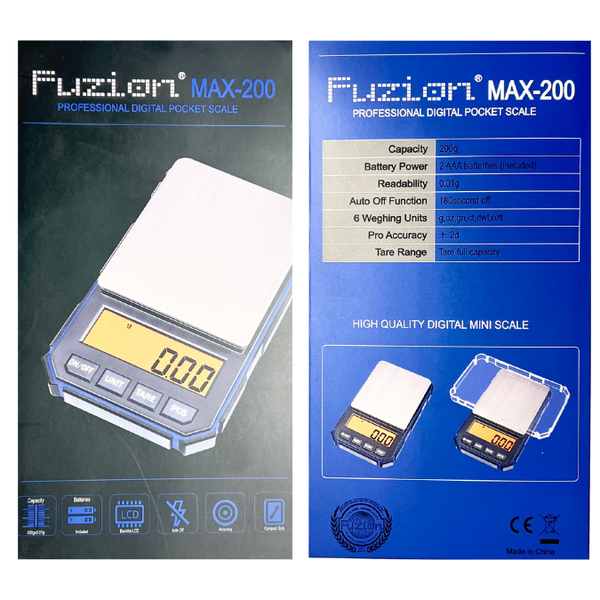 Fuzion MAX-200 Professional Digital Scale blue color box front and back sides image 