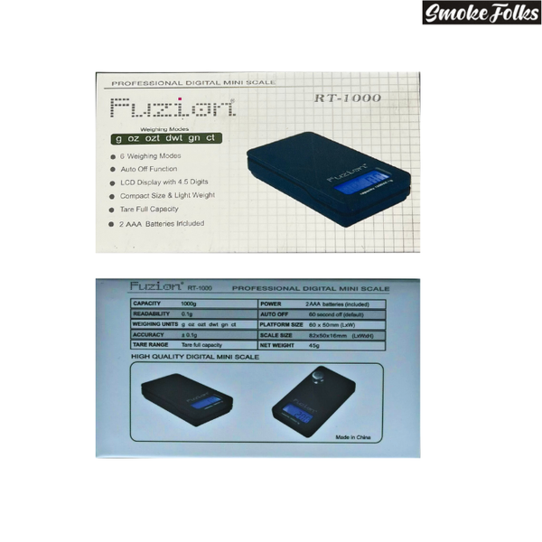 Fuzion RT-1000 x 0.1g Professional Digital Mini Scale front and back side image of the scale 