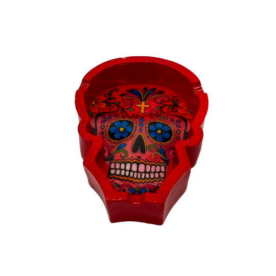 Ceramic Sugar Skull Ashtray RED