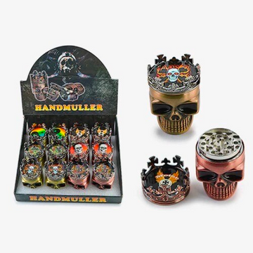 Novelty Grinder - Crowned Skull 3 piece 2" (50mm) Add a touch of royalty to your herb preparation with the Novelty Grinder featuring the iconic Crowned Skull design. This 3-piece grinder combines style with functionality, offering a Heavy Duty build and a compact 2-inch (50mm) size for a grinding experience fit for royalty.