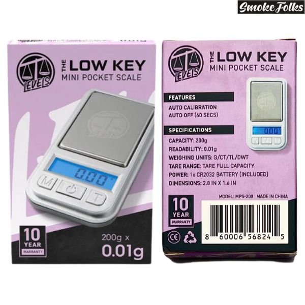 Levels Scales Low Key Mini Pocket Scale front and back sides box showing image 