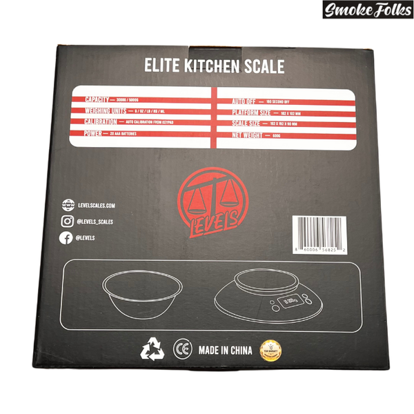 Levels Elite Kitchen 3000g x 0.1g Scale back side box image of the scale 