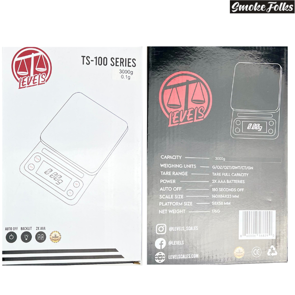 Levels TS-100 Series 3000g x 0.1g Digital Scale front and back sides image of box 