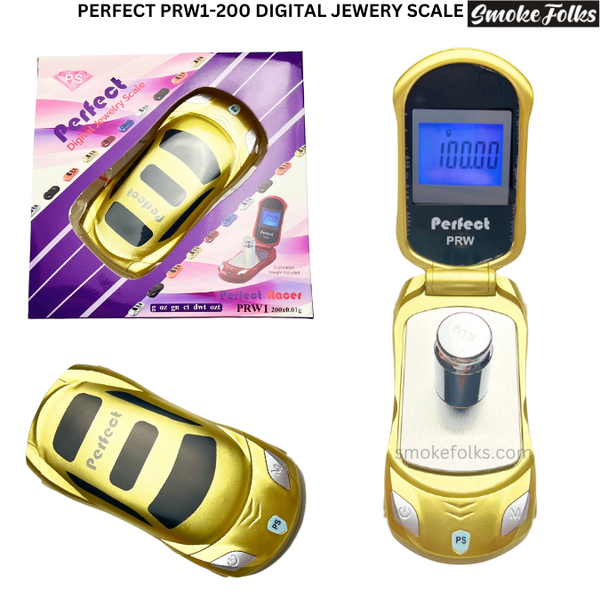 Perfect Racer PRW1-200G Digital Jewelry Scale gold color main image showing all items come with scale 
