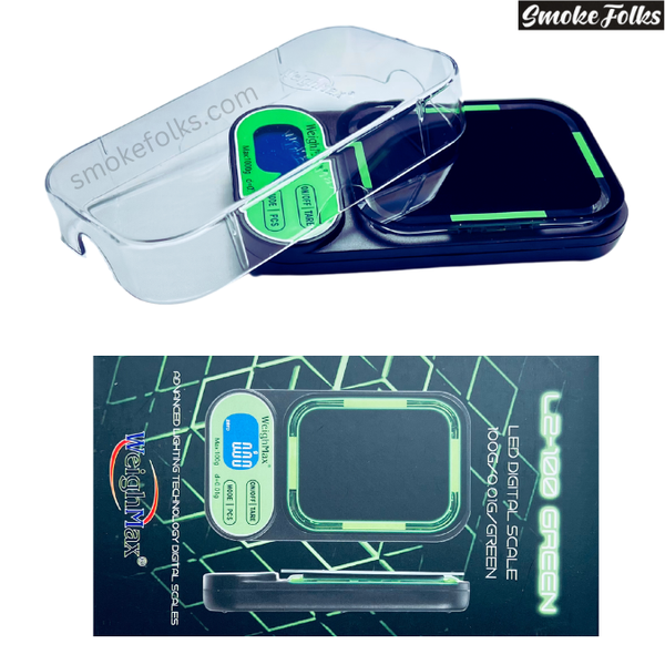 Weighmax L2 100 X 0.01G LED Digital Scale green color main image with scale and box 