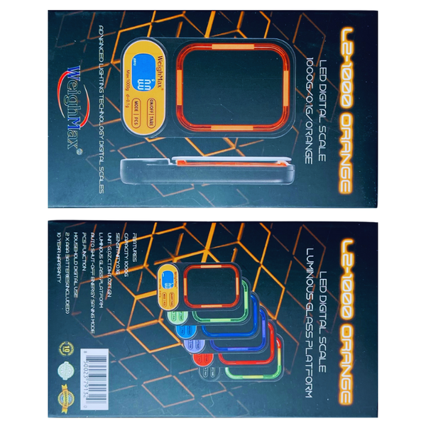 Weighmax L2 LED Digital Scale orange color box front and back sides image 