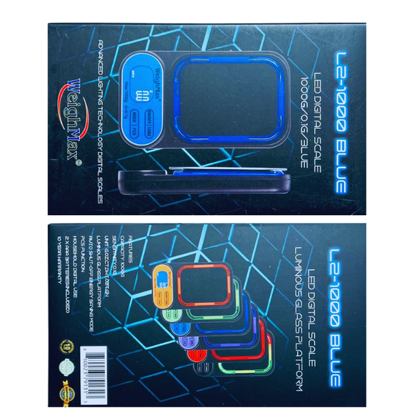 Weighmax L2 LED Digital Scale blue color box front and back side image 