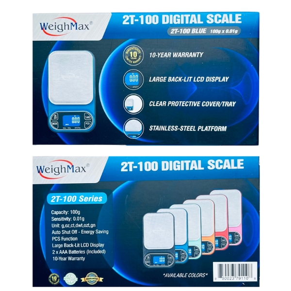 Weighmax 2T-100 X 0.01G LED Digital Scale blue color box front and back side image 