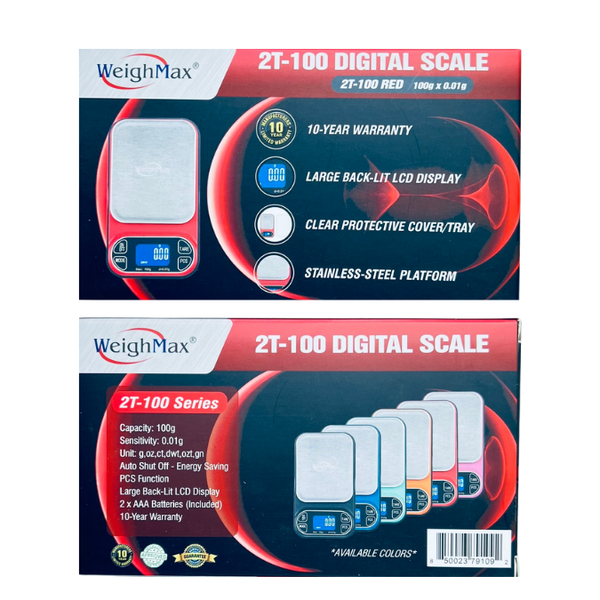 Weighmax 2T-100 X 0.01G LED Digital Scale red color box front and back side image 