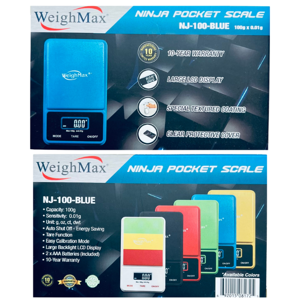 Weighmax NJ-100 X 0.01G Digital Scale blue color box back and front sides image 