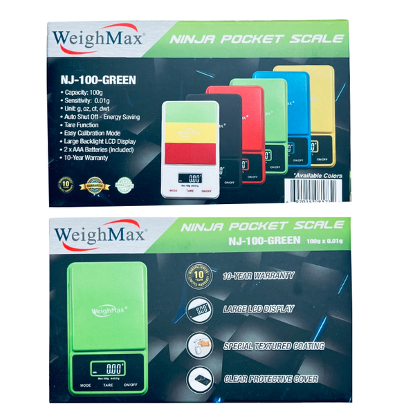 Weighmax NJ-100 X 0.01G Digital Scale green color box back and front sides image 