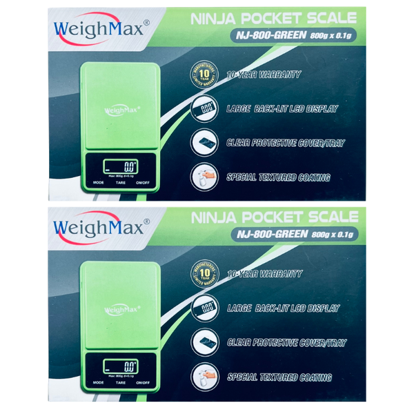 Weighmax NJ-800 Digital Pocket Scale green color box image front and back sides 