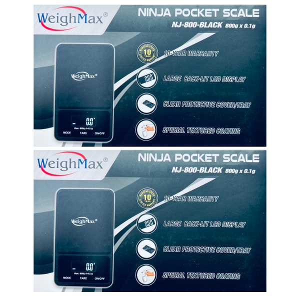 Weighmax NJ-800 Digital Pocket Scale black color box front and back side image 