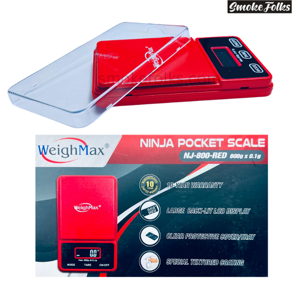 Weighmax NJ-800 Digital Pocket Scale red color main image with box and scale 