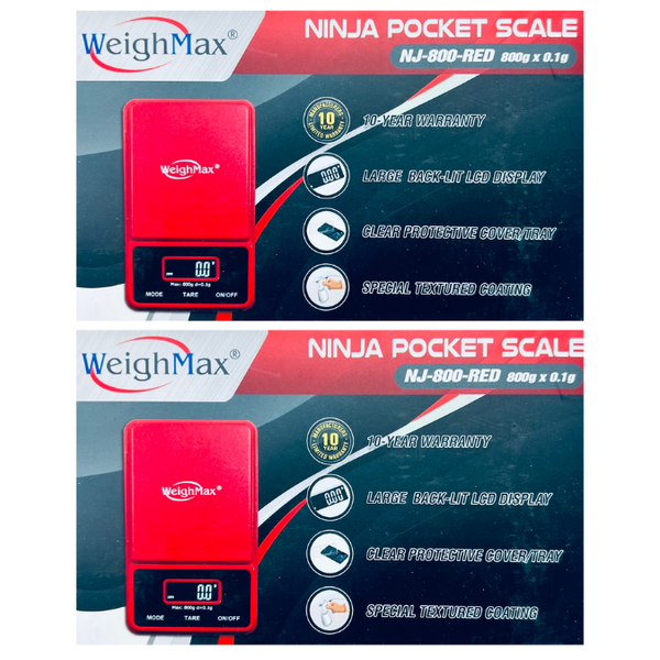 Weighmax NJ-800 Digital Pocket Scale red color box back and front sides image 