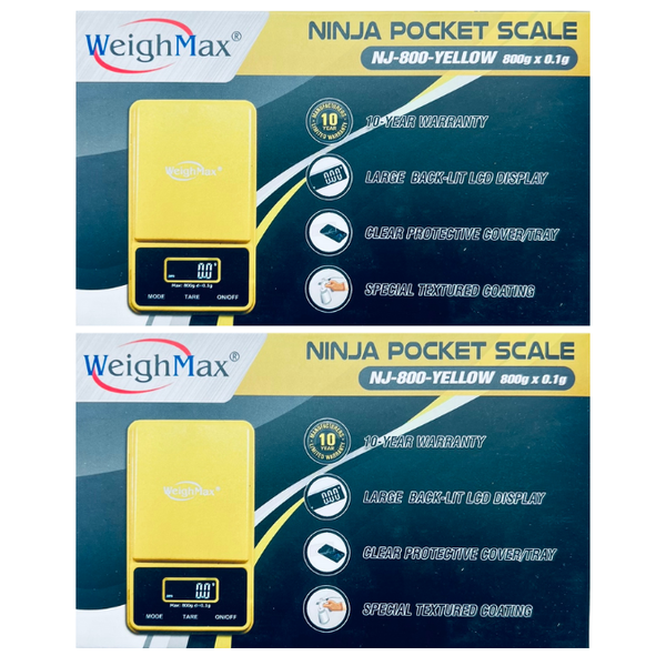 Weighmax NJ-800 Digital Pocket Scale yellow color box front and back side image 